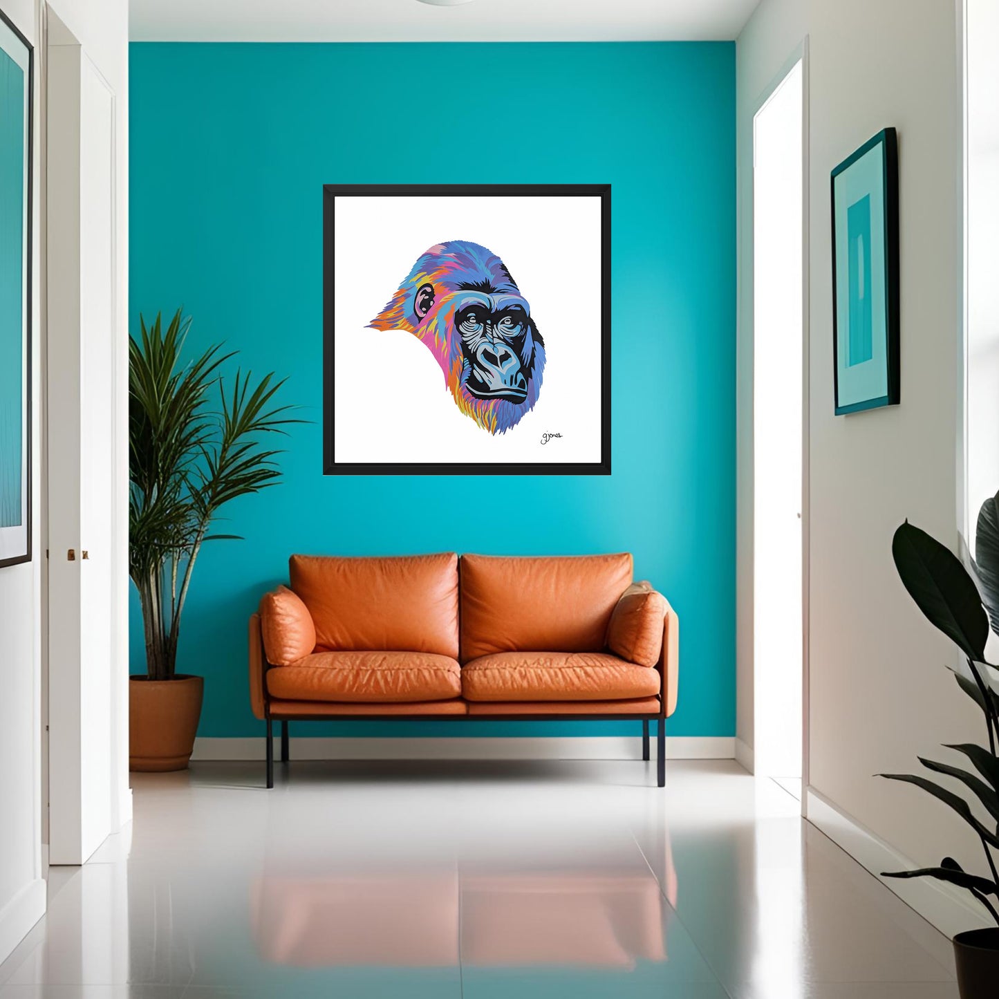 Bright multi-colour metallic paint Gorilla Head Framed in Solid Wood Frame