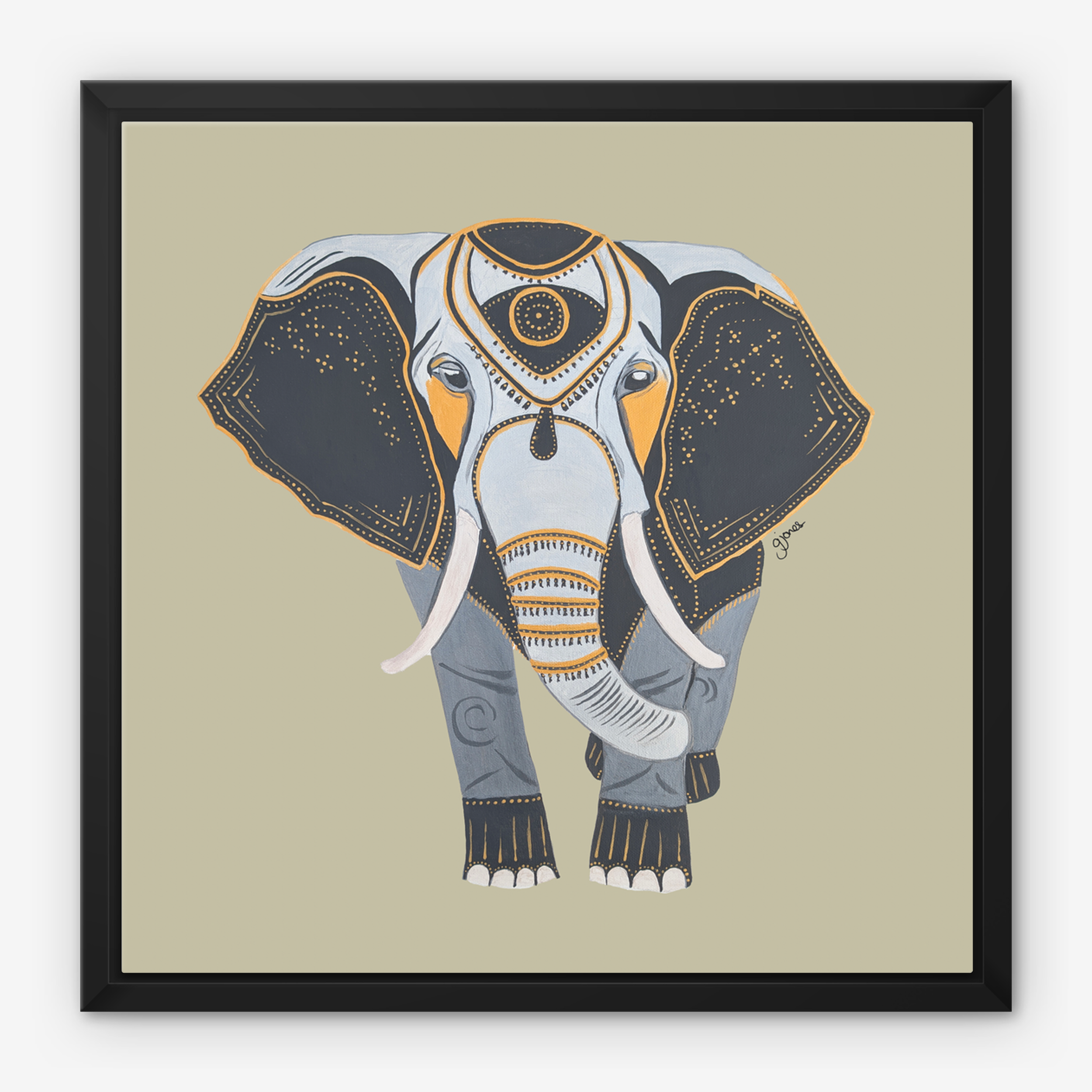 Framed Canvas Prints - Wisdom - Elephant - Power Animal Collection Monochrome Art by Gemma Jones