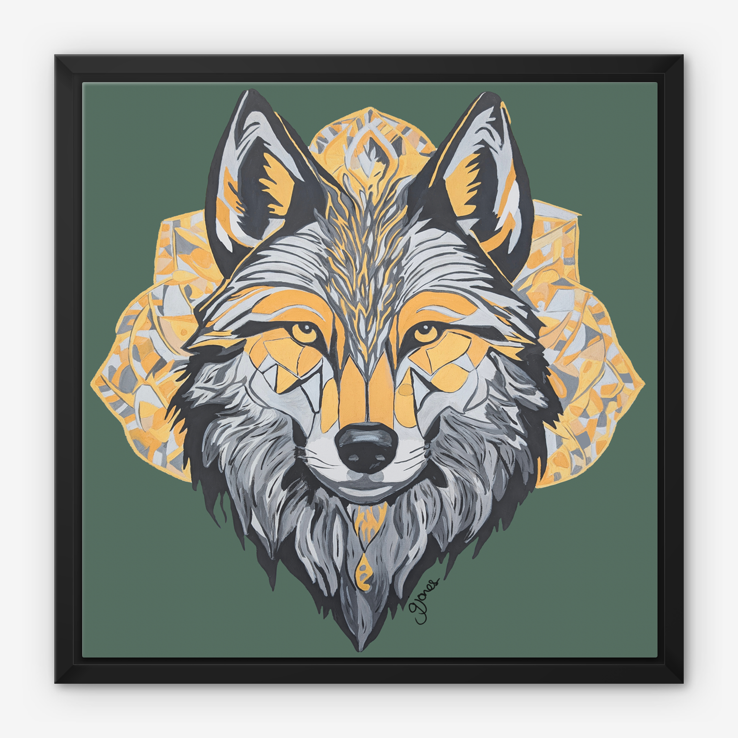 Framed Canvas Prints - Brave - Wolf - Power Animal Collection Monochrome Art by Gemma Jones