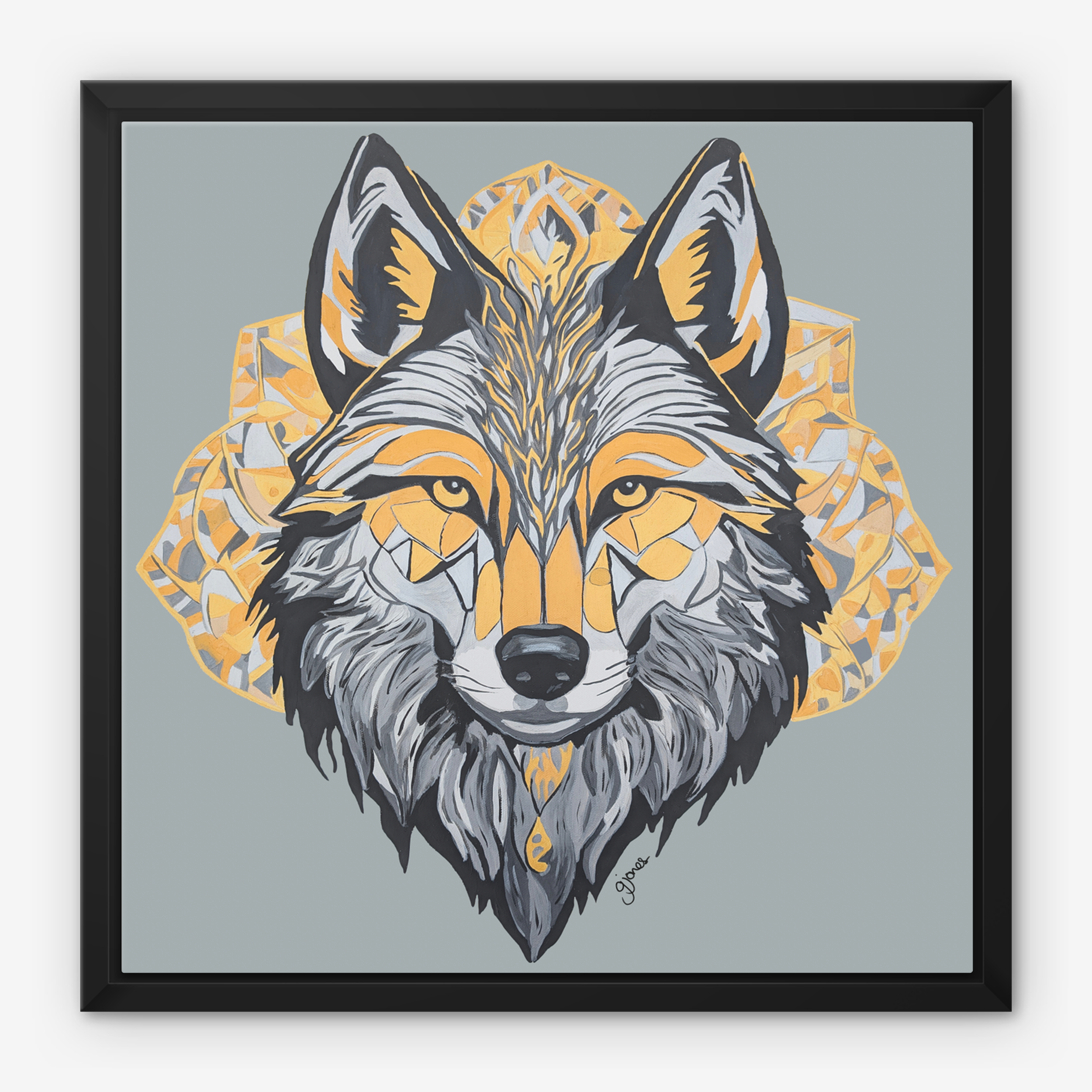 Framed Canvas Prints - Brave - Wolf - Power Animal Collection Monochrome Art by Gemma Jones