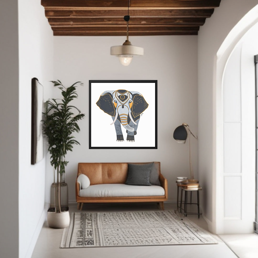Framed Canvas Prints - Wisdom - Elephant - Power Animal Collection Monochrome Art by Gemma Jones