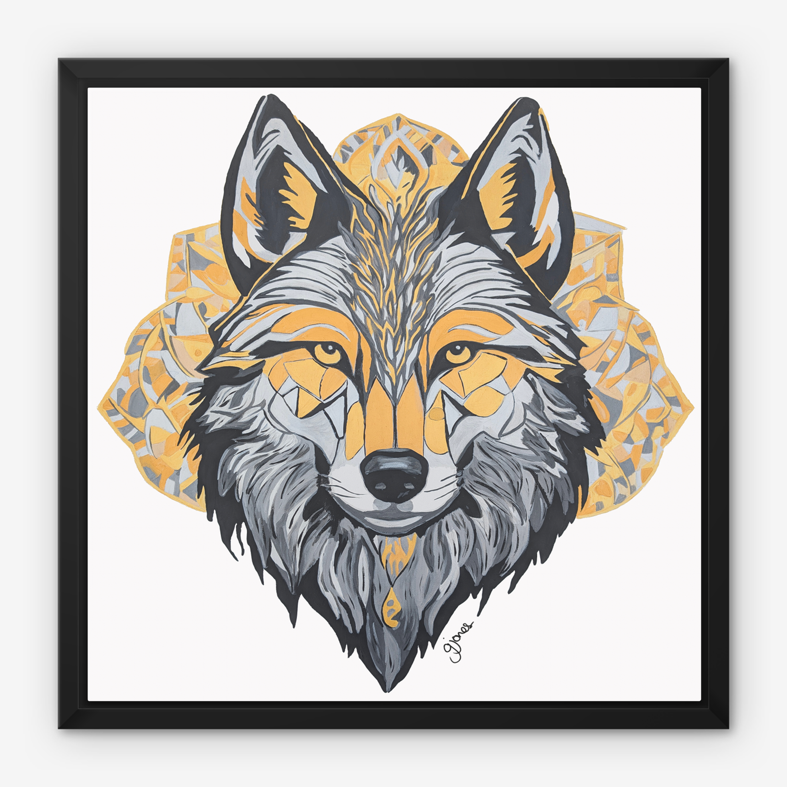 Framed Canvas Prints - Brave - Wolf - Power Animal Collection Monochrome Art by Gemma Jones