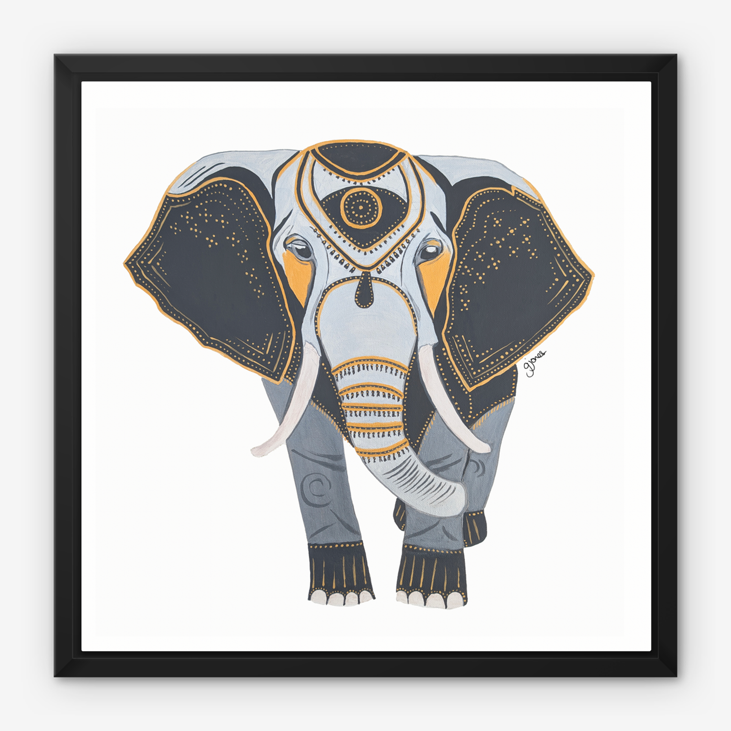 Framed Canvas Prints - Wisdom - Elephant - Power Animal Collection Monochrome Art by Gemma Jones