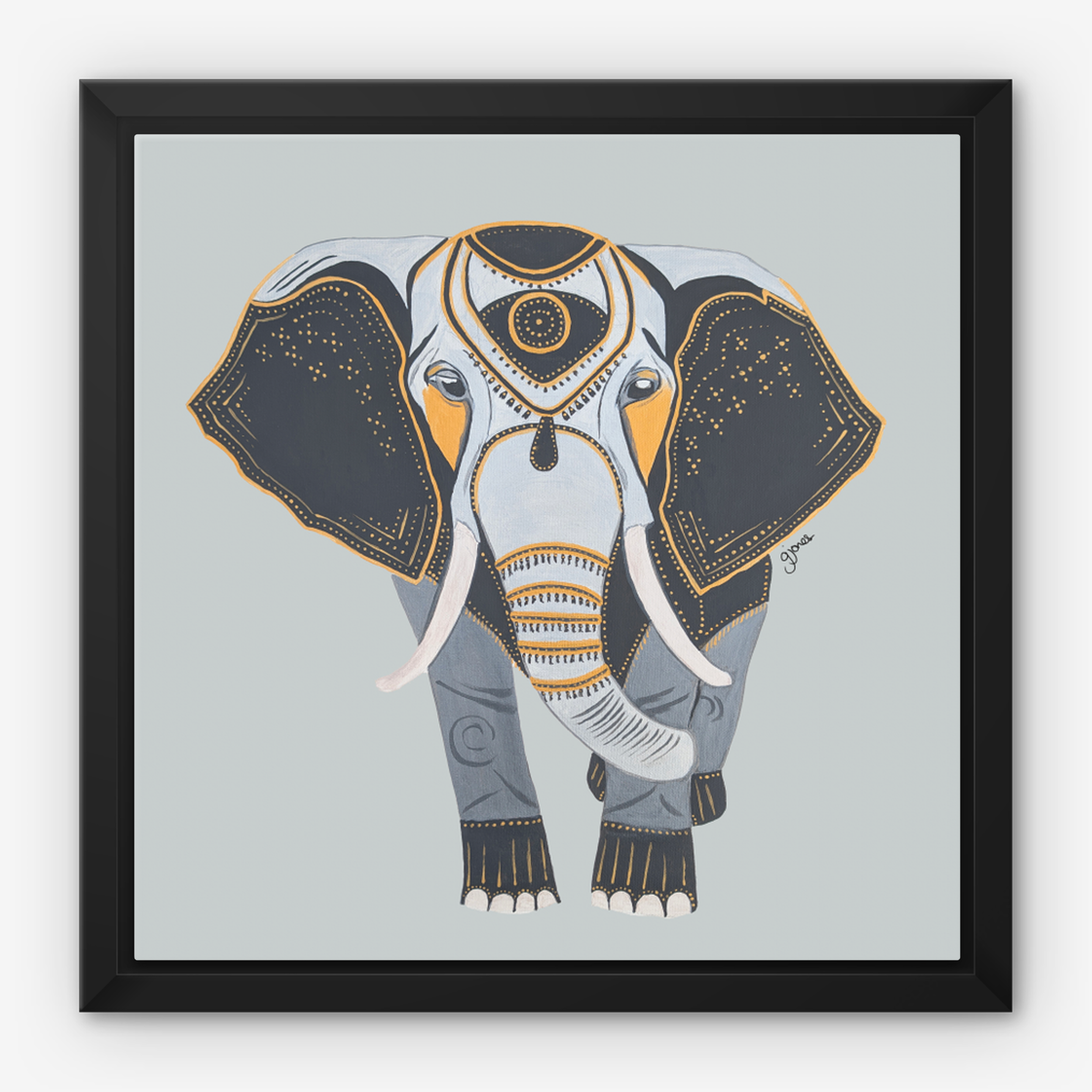 Framed Canvas Prints - Wisdom - Elephant - Power Animal Collection Monochrome Art by Gemma Jones
